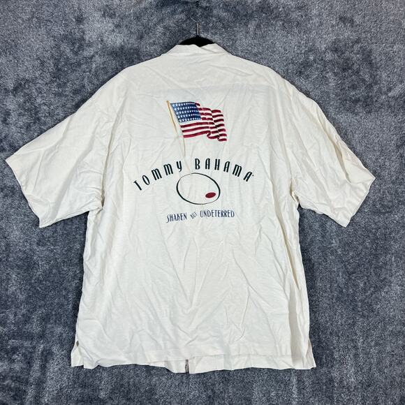Tommy Bahama Shirt Mens XL White Silk Embroidered USA Flag Shaken But Undeterred - Picture 2 of 9